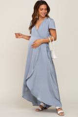 Blue Satin Hi-Lo Maternity Maxi Wrap Dress