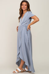 Blue Satin Hi-Lo Maternity Maxi Wrap Dress