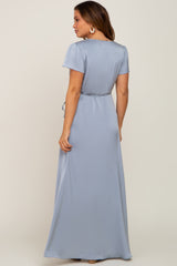 Blue Satin Hi-Lo Maternity Maxi Wrap Dress