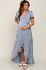 Blue Satin Hi-Lo Maternity Maxi Wrap Dress