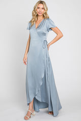 Blue Satin Hi-Lo Maternity Maxi Wrap Dress