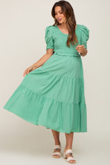 Green Smocked Tiered Ruffle Maternity Midi Dress