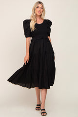 Black Smocked Tiered Ruffle Midi Dress