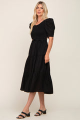 Black Smocked Tiered Ruffle Midi Dress