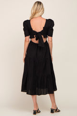 Black Smocked Tiered Ruffle Midi Dress