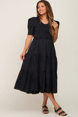 Black Smocked Tiered Ruffle Maternity Midi Dress