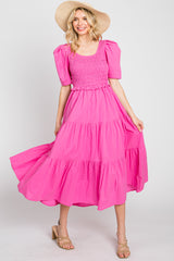 Pink Smocked Tiered Ruffle Midi Dress