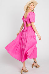 Pink Smocked Tiered Ruffle Midi Dress