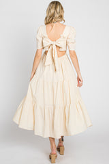 Beige Smocked Tiered Ruffle Midi Dress