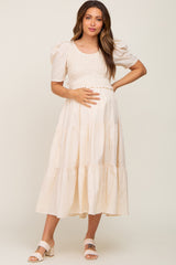 Beige Smocked Tiered Ruffle Maternity Midi Dress