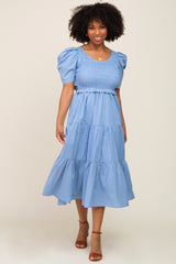 Blue Smocked Tiered Ruffle Maternity Midi Dress