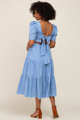 Blue Smocked Tiered Ruffle Midi Dress