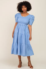 Blue Smocked Tiered Ruffle Midi Dress