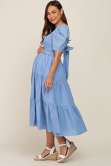 Blue Smocked Tiered Ruffle Maternity Midi Dress