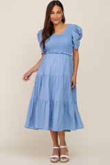 Blue Smocked Tiered Ruffle Maternity Midi Dress