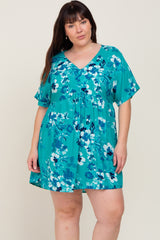 Teal Tropical Floral V-Neck Short Sleeve Dress