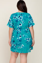 Teal Tropical Floral V-Neck Short Sleeve Dress