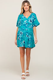 Teal Tropical Floral V-Neck Short Sleeve Maternity Dress