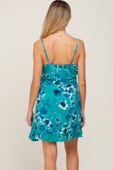 Teal Tropical Floral Front Tie Sleeveless Maternity Dress