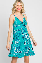 Teal Tropical Floral Front Tie Sleeveless Dress