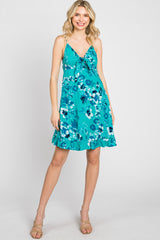 Teal Tropical Floral Front Tie Sleeveless Dress