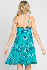 Teal Tropical Floral Front Tie Sleeveless Dress