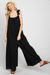 Black Linen Ruffle Strap Jumpsuit