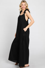 Black Linen Ruffle Strap Jumpsuit