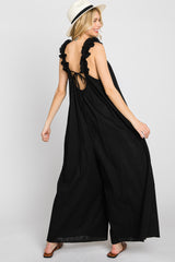 Black Linen Ruffle Strap Jumpsuit