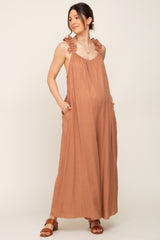 Camel Linen Ruffle Strap Maternity Jumpsuit