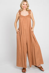 Camel Linen Ruffle Strap Jumpsuit