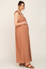 Camel Linen Ruffle Strap Maternity Jumpsuit