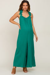 Green Linen Ruffle Strap Maternity Jumpsuit