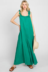 Green Linen Ruffle Strap Maternity Jumpsuit