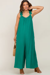 Green Linen Ruffle Strap Maternity Jumpsuit