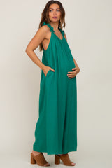 Green Linen Ruffle Strap Maternity Jumpsuit