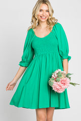 Green Smocked Puff Sleeve Dress