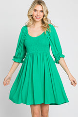 Green Smocked Puff Sleeve Dress