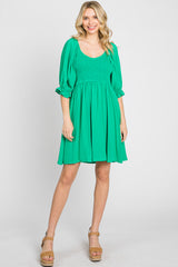 Green Smocked Puff Sleeve Dress