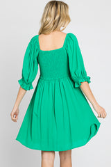 Green Smocked Puff Sleeve Dress