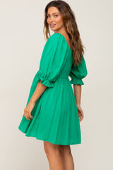 Green Smocked Puff Sleeve Maternity Dress