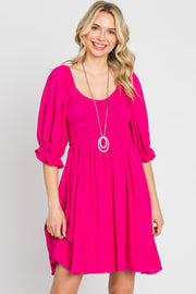 Fuchsia Smocked Puff Sleeve Dress