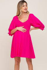 Fuchsia Smocked Puff Sleeve Maternity Dress