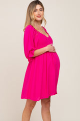 Fuchsia Smocked Puff Sleeve Maternity Dress