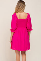 Fuchsia Smocked Puff Sleeve Maternity Dress