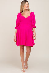 Fuchsia Smocked Puff Sleeve Maternity Dress