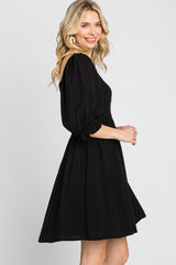 Black Smocked Puff Sleeve Dress