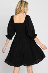 Black Smocked Puff Sleeve Dress