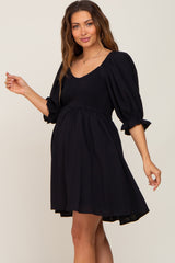 Black Smocked Puff Sleeve Maternity Dress