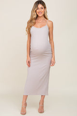 Taupe Ribbed Sleeveless Basic Maternity Maxi Dress